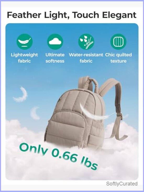 Mini Puffer Backpack, Quilted Lightweight Travel Daypack, Water-Resistant
